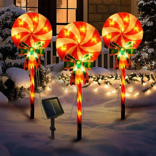 3-Piece Solar Christmas Lollipop Pathway Lights with 8 Modes for Outdoor Decor