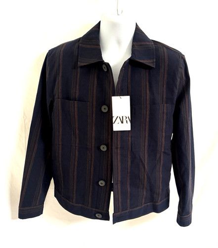 Men Zara Boxy Fit Overshirt Light Jacket Navy Blue/Brown Stripped