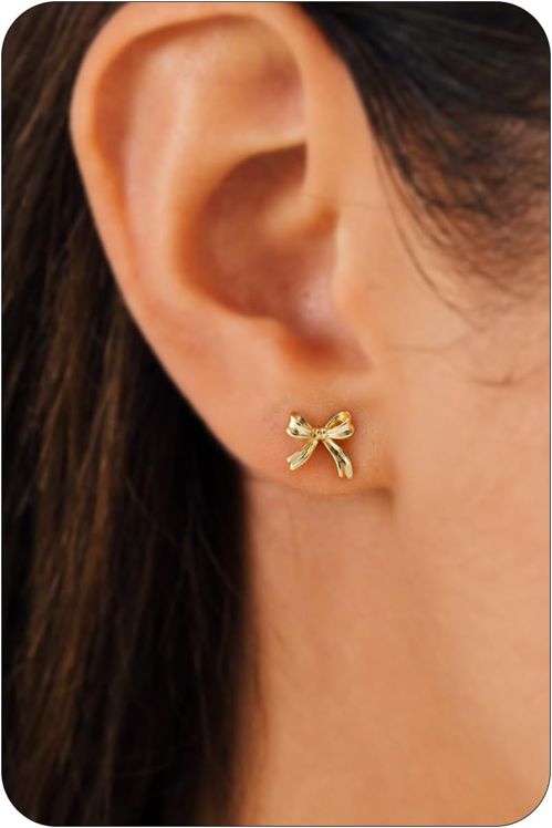 Gold Earrings-14K Gold/Silver Plated Bow Earrings Minimalist Bow Stud Earrings f