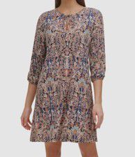 Tommy Hilfiger Women's Blue Printed Jersey Knit Tie Neck Shift Dress Size 8