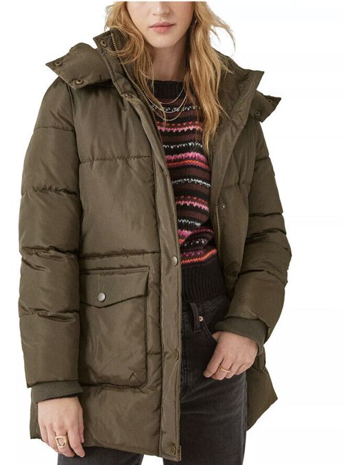 Women LUCKY BRAND Fingertip Hooded Puffer Coat Parka Dark Military