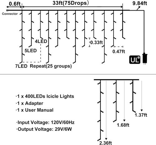 33Ft 400LED Waterproof Blue Icicle Lights for Outdoor Holiday Decor