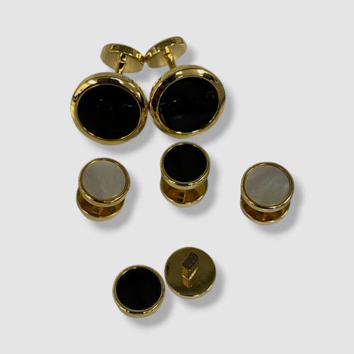 Ox & Bull Men's Gold Double Sided Onyx Mother-of-Pearl Round Stud & Cufflink Set