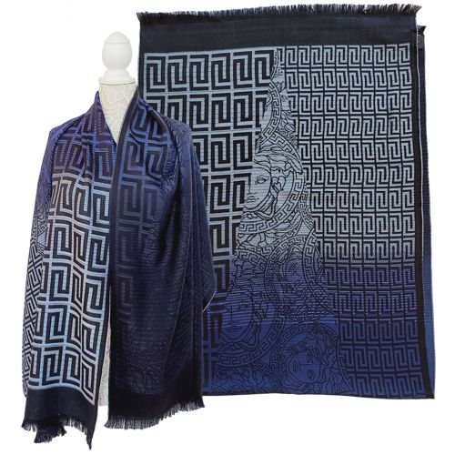 VERSACE SCARF SIGNATURE GREEK KEY MEDUSA WOOL LONG FOULARD UNISEX BLUE 76" x 29"