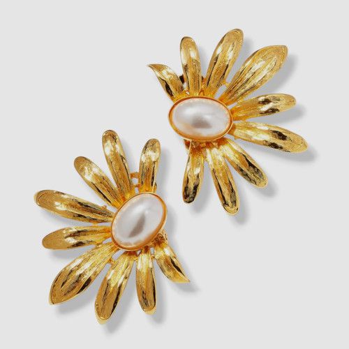 $430 Adam Lippes Women's 24k Yellow Gold Plated Daisey Flower Pearl Earrings