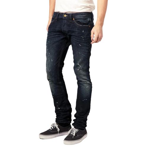 Diesel Thanaz 0074K Slim Skinny Dark Blue Denim Paint Splatter Men's Jeans 36x34