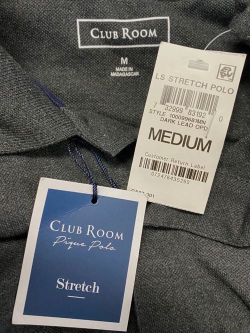 $50 Club Room Men's Gray Long-Sleeve Stretch Polo Shirt Size M