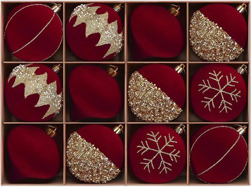 Velvet Glitter Christmas Tree Ornaments - 12 Ct Red & Gold, 3.15