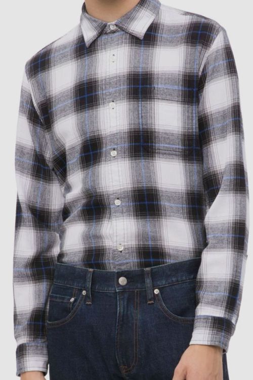 $149 Calvin Klein Jeans Men Black White Plaid Long-Sleeve Cotton Button Shirt S