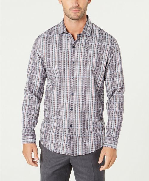 $115 Tasso Elba Men'S Gray Blue Red Dobby Plaid Long Sleeve Dress Shirt 14-14.5