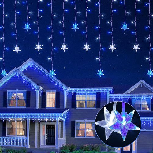 Outdoor Icicle Lights, 16.5FT 200 LED, 8 Modes & Timer, Blue & White