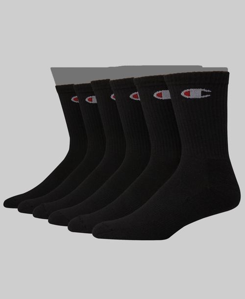Champion Men's 6 Pair Black Athletic Logo Ankle Crew Cut Socks Shoe 6-12