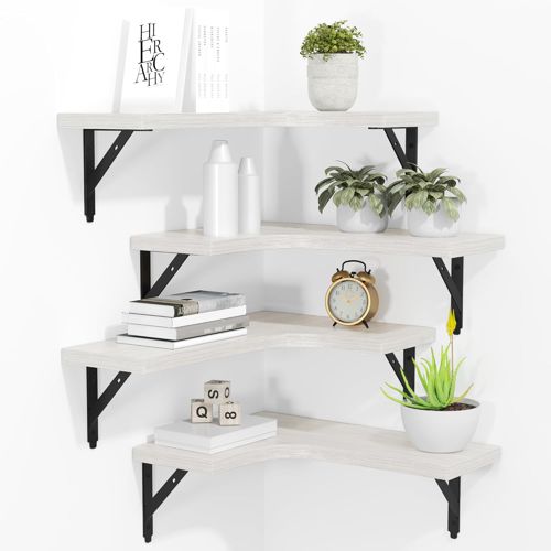 Corner Floating Shelves Wall Mounted Set of 4, Rustic Wood Storage Display Wall 