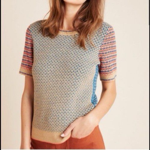 Women Anthropologie Keaton Short Sleeves Knit Sweater SZ X-Large Tan/Blue Multi