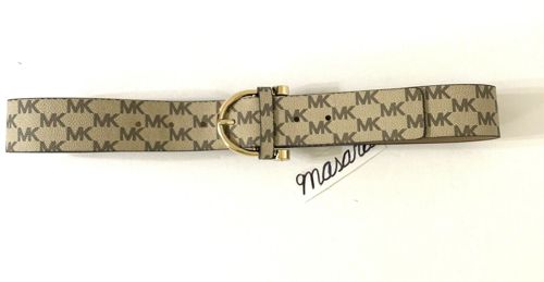 Women MK Michael Kors Belt Mini MK Logo 1.5" Wide Tan/Pale Gold 556057C MSRP $58