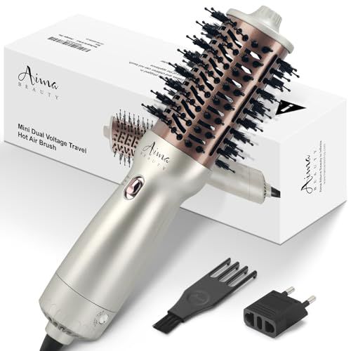 Aima Beauty 4 in 1 Worldwide Travel Hot Air Brush Dual Voltage Blowout Brush Oval Shape One Step Volumizer Straightener Blow Dryer Brush Ionic Lock Moisture Gift 360° Swivel Cord Champagne S