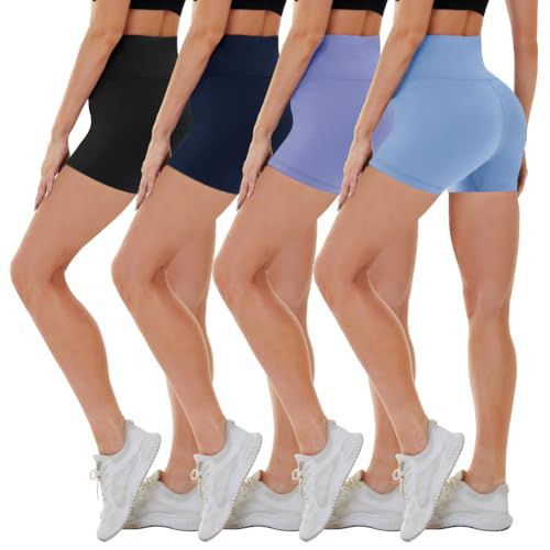 CAMPSNAIL 4 Pack Biker Shorts for Women High Waist - 5"/8" Tummy Control Soft Athletic Yoga Workout Running Gym Shorts 5 IN Small-Medium Black/Navy Blue/Periwinkle/Light Blue