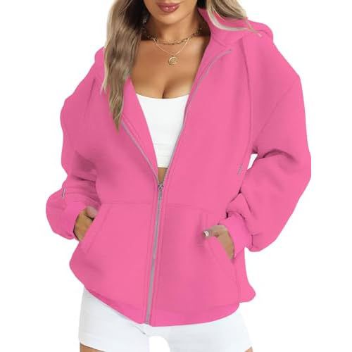 FANCYINN Womens Zip Up Hoodies Long Sleeve Oversized Sweatshirts Casual Drawstring Fall Fleece Jacket with Pockets Small A-rose Red