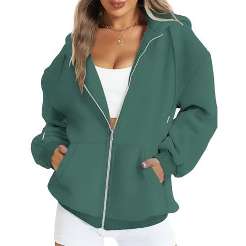 FANCYINN Womens Zip Up Hoodies Long Sleeve Oversized Sweatshirts Casual Drawstring Fall Fleece Jacket with Pockets X-Large A-dark Green