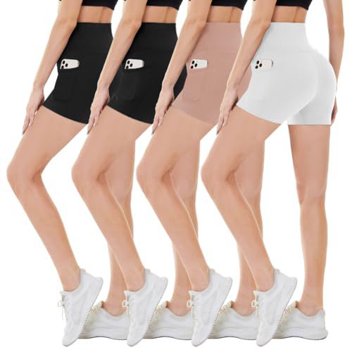 CAMPSNAIL 4 Pack Biker Shorts Women with Pockets – 5"/8" High Waist Tummy Control Workout Gym Yoga Running Compression Shorts 5 inch pockets Small-Medium Black*2/Nude/White
