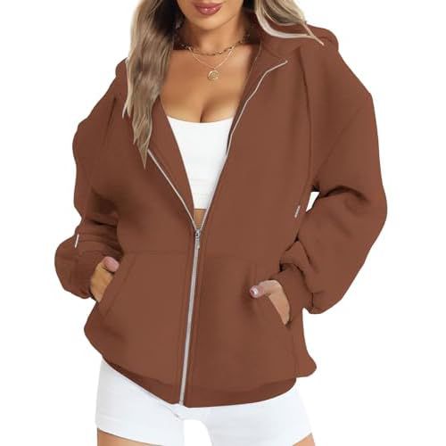 FANCYINN Womens Zip Up Hoodies Long Sleeve Oversized Sweatshirts Casual Drawstring Fall Fleece Jacket with Pockets Small A-brown