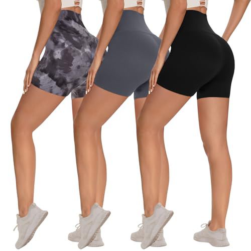 3 Pack Biker Shorts for Women – 8"/5"/3" High Waisted Tummy Control Workout Yoga Running Athletic Shorts 5 IN Small-Medium Black/ Dark Grey/ Black Tie-dye