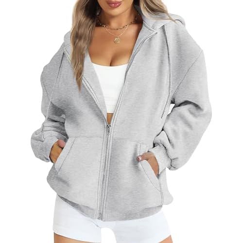 FANCYINN Womens Zip Up Hoodies Long Sleeve Oversized Sweatshirts Casual Drawstring Fall Fleece Jacket with Pockets Large A-grey
