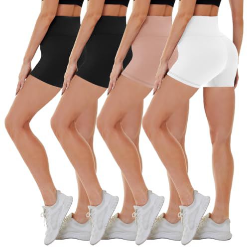 CAMPSNAIL 4 Pack Biker Shorts for Women High Waist - 5"/8" Tummy Control Soft Athletic Yoga Workout Running Gym Shorts 5 IN Large-X-Large Black*2/Nude/White