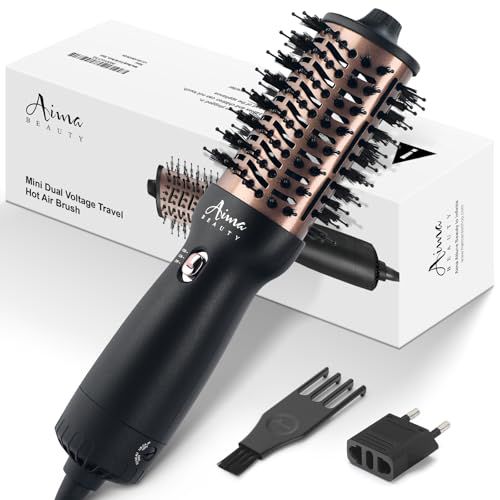 Aima Beauty 4 in 1 Worldwide Travel Hot Air Brush Dual Voltage Blowout Brush Oval Shape One Step Hair Volumizer Straightener Blow Dryer Brush Negative Ionic Lock Moisture Gift 360° Swivel Co