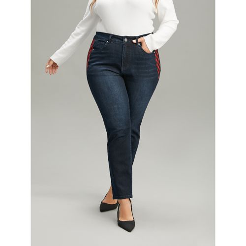 Plus Size Plaid Patchwork Straight Leg Dark Wash Jeans Women Midnight Casual Gingham Contrast High stretch Pocket Jeans BloomChic 10/M