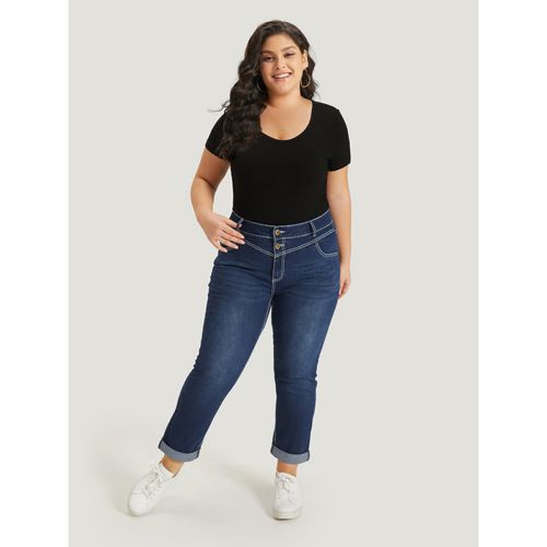 Plus Size Contrast Stitch Roll Hem Straight Leg Jeans Women Navy Casual Plain Plain High stretch Pocket Jeans BloomChic 20/2X