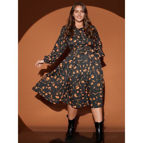 Plus Size Halloween Print Shirt Collar Pocket Button Up Belted Flutter Dress Black Women Elegant Printed Shirt collar Long Sleeve Curvy Midi Dress Blo