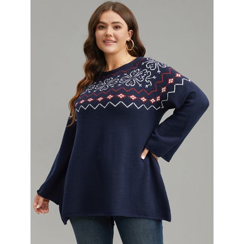 Plus Size Supersoft Essentials Geometric Bell Sleeve Pullover Indigo Women Casual Loose Long Sleeve Round Neck Dailywear Pullovers BloomChic 14-16/1X