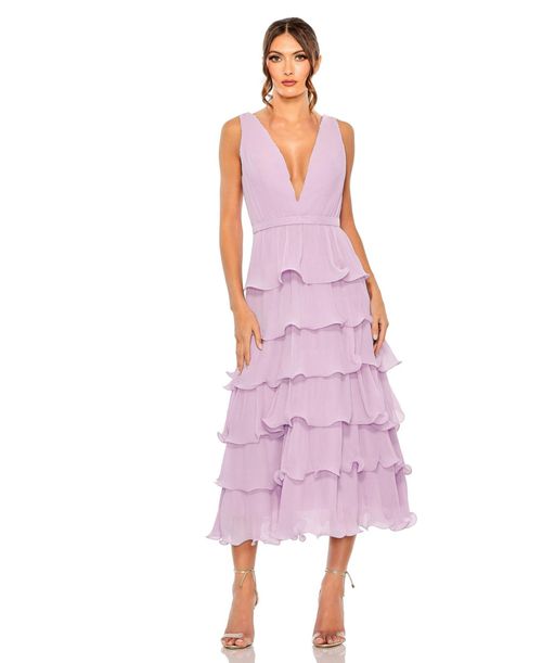 Mac Duggal Women's Deep V Chiffon Sleeveless Ruffle Midi Dress - Orchid
