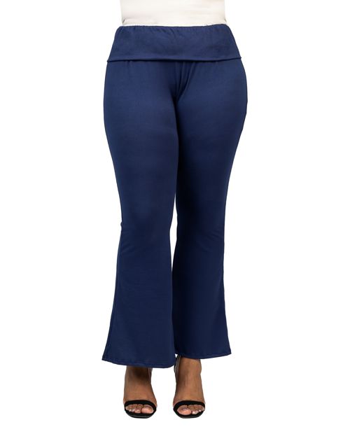 24seven Comfort Apparel Plus Size Black Bell Bottom Fold Over Waist Sweatpants - Navy