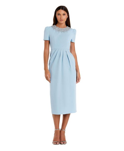 Mac Duggal Women's Short Sleeve Rhinestone Neckline Sheath Dress - French blue