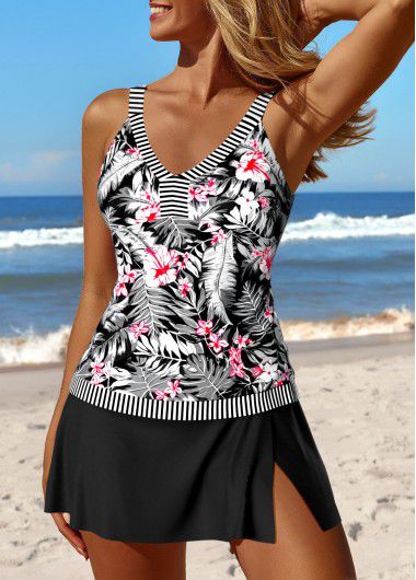 Modlily Patchwork Mid Waisted Tropical Plants Print Tankini Set - XXL