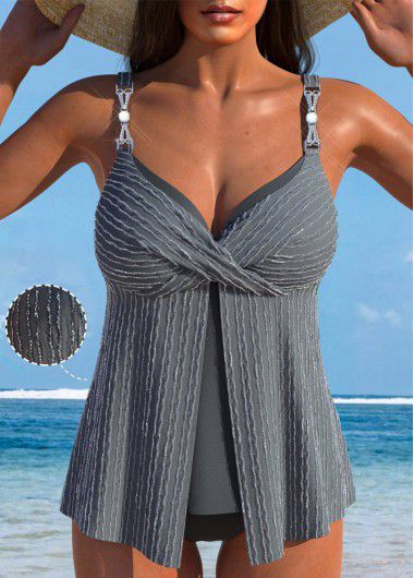 Modlily Criss Cross Jacquard Grey Tankini Set - XXL