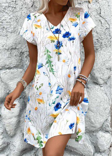 Modlily White Lightweight Floral Print A Line Short Sleeve Dress - L