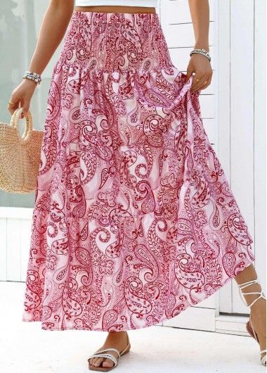 Modlily Dark Reddish Purple Tribal Print A Line Maxi Skirt - S