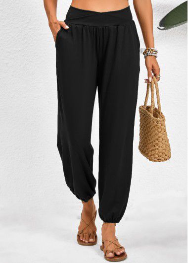Modlily Black Pocket Jogger Elastic Waist High Waisted Pants - 3XL