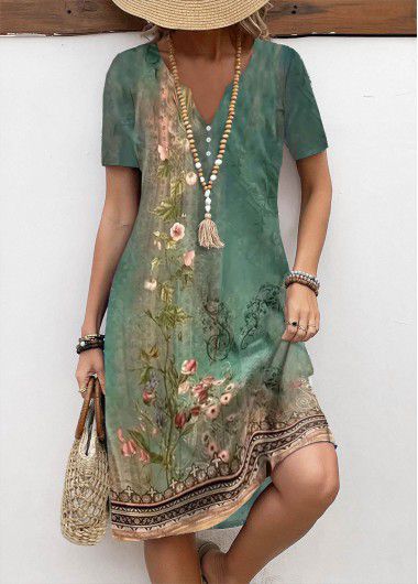 Modlily Green Tummy Coverage Floral Print Short Sleeve Dress - XL