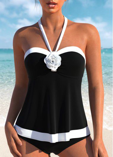 Modlily Bandeau Patchwork Tie Black Tankini Set - S