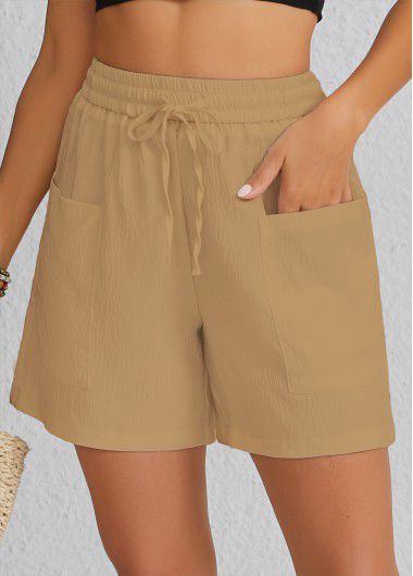 Modlily Light Camel Pocket Elastic Waist High Waisted Shorts - 4XL