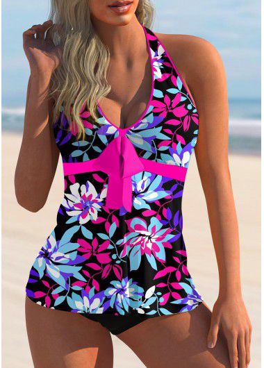 Modlily Halter Bowknot Floral Print Tankini Set - S