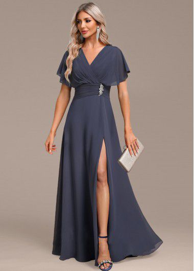 Modlily Dark Grey Split Maxi Short Sleeve V Neck Dress - XXL