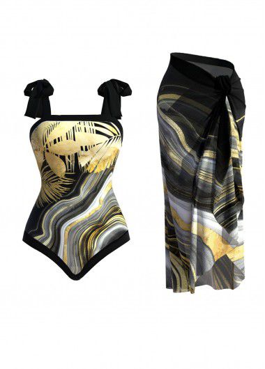 Modlily Marble Print Black One Piece Swimwear - S