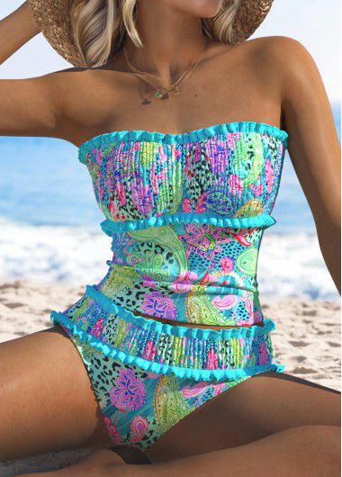 Modlily Smocked Mid Waisted Paisley Print Cyan Tankini Set - XXL