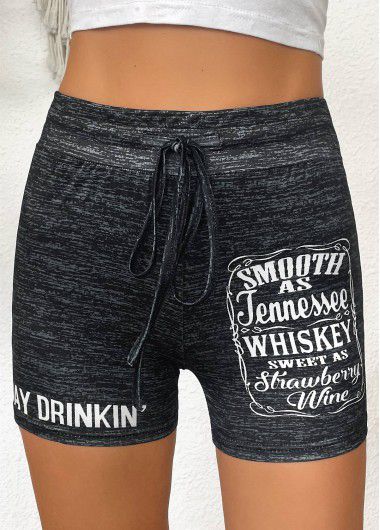Modlily Black Letter Print Skinny Drawastring High Waisted Shorts - L