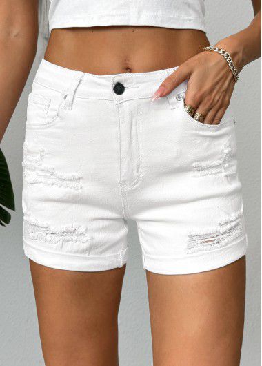 Modlily White Skinny Button Fly Mid Waisted Shorts - L